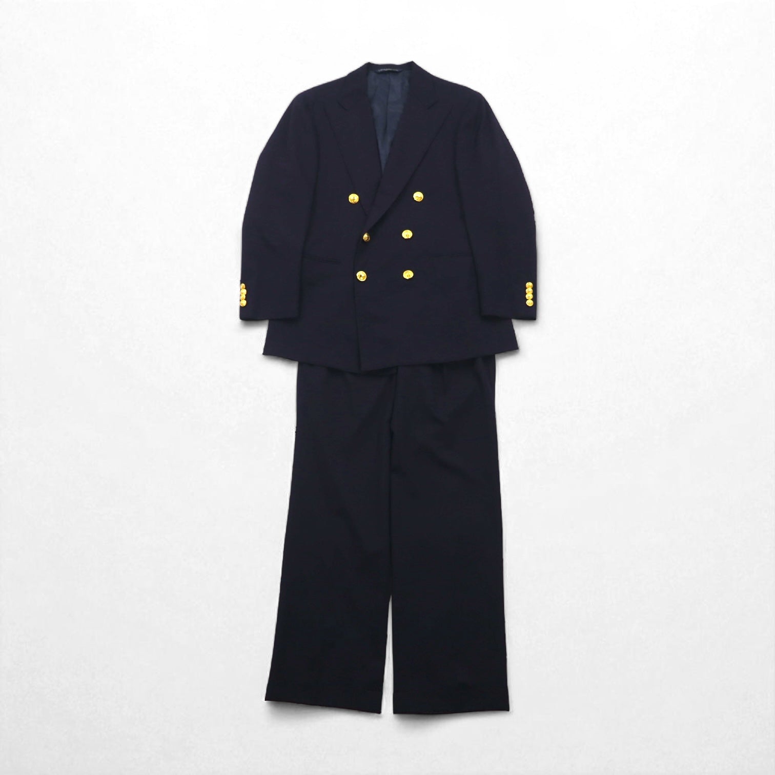 Ralph Lauren 90s Made in Japan Navy Blazer and Double-Breasted Suit, Size M, Navy Wool, Gold Buttons