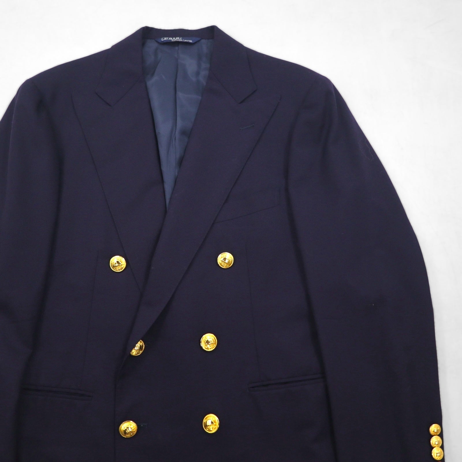 Ralph Lauren 90s Made in Japan Navy Blazer and Double-Breasted Suit, Size M, Navy Wool, Gold Buttons