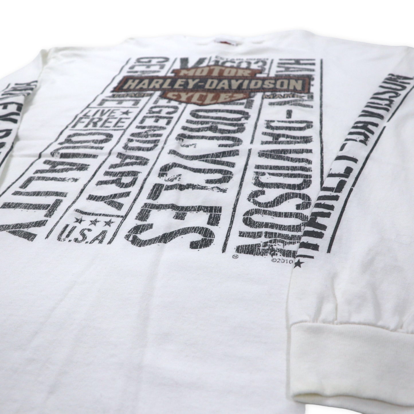 HARLEY DAVIDSON ロゴプリント ロングスリーブTシャツ ロンT 2XL ホワイト コットン 両面プリント 袖ロゴ BEAUMONT, TEXAS ビッグサイズ メキシコ製