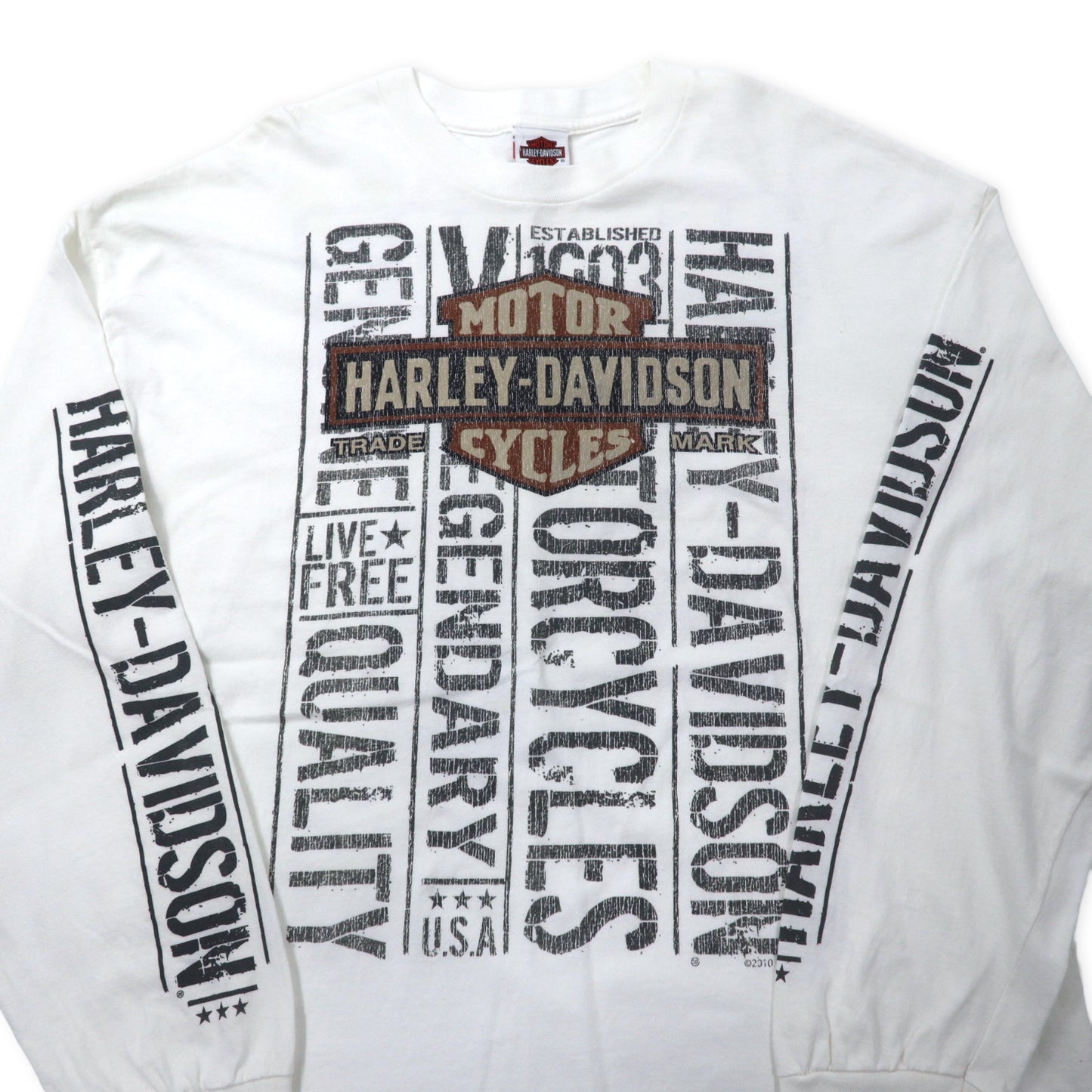 HARLEY DAVIDSON ロゴプリント ロングスリーブTシャツ ロンT 2XL ホワイト コットン 両面プリント 袖ロゴ BEAUMONT, TEXAS ビッグサイズ メキシコ製