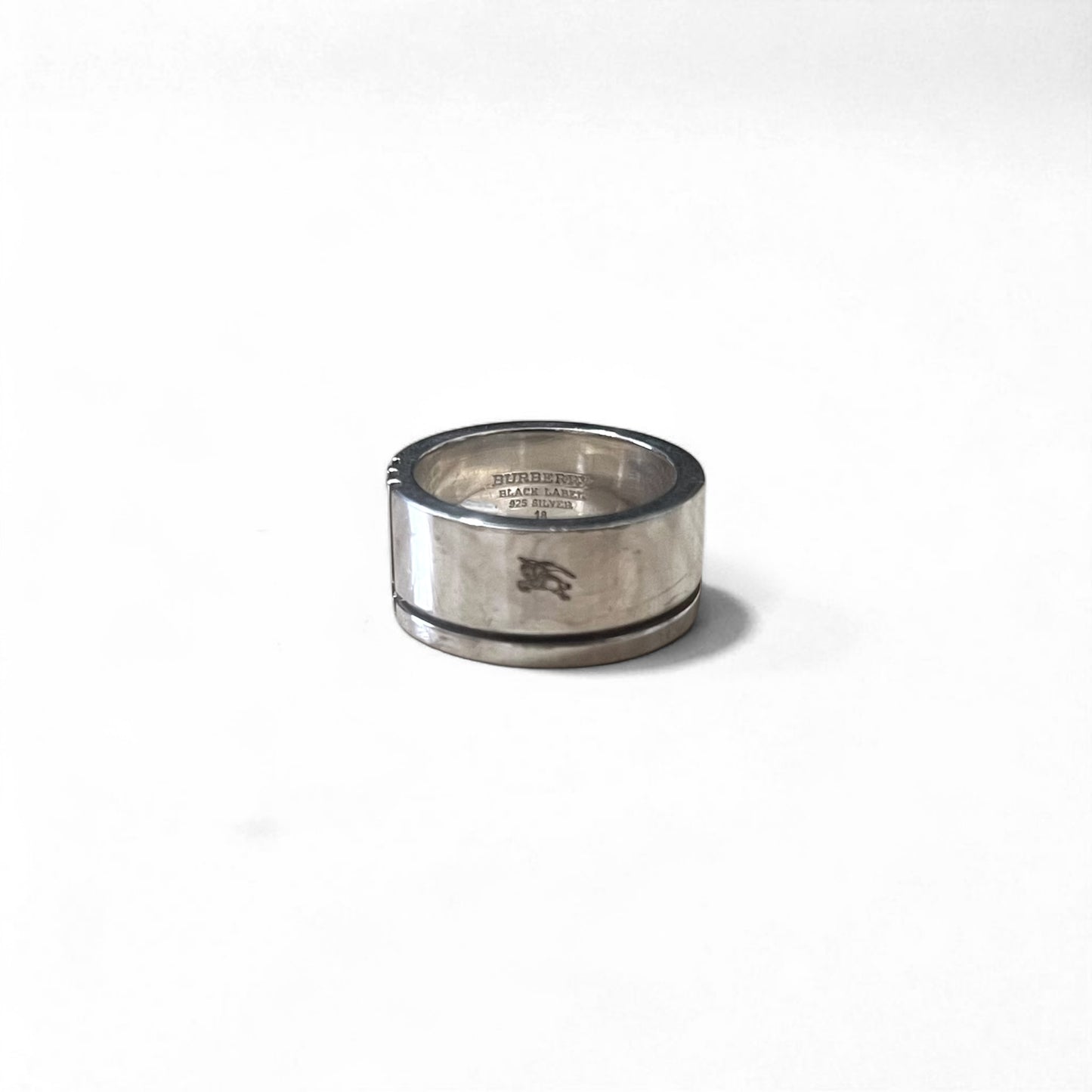 BURBERRY BLACK LABEL Silver Ring, Size 18, 925 Silver, Horse Logo Engraved