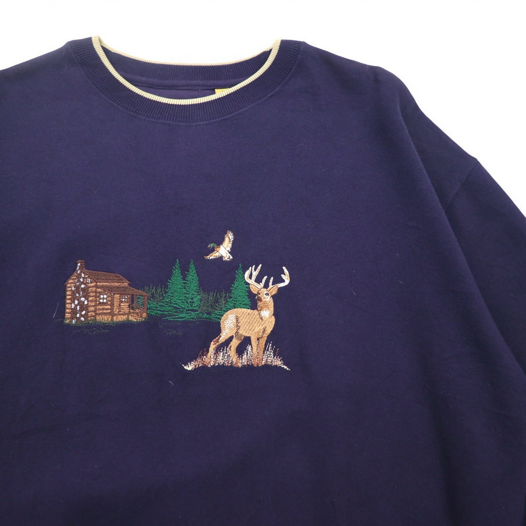 90s FIELD TASTED by OUTDOOR LIFE Sweatshirt XL Navy Cotton Fleece Lining Embroidery Animal Paki Cotton