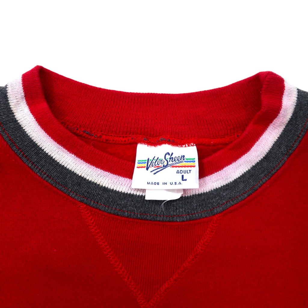 Velva Sheen USA Made 90s Rib Line Sweatshirt L Red Cotton Fleece Front V Chipinaw