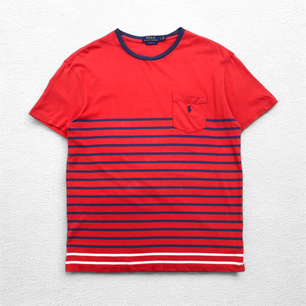 POLO RALPH LAUREN クラシックフィット ポケット付き ボーダー Tシャツ M ピンク スモールポニー刺繍