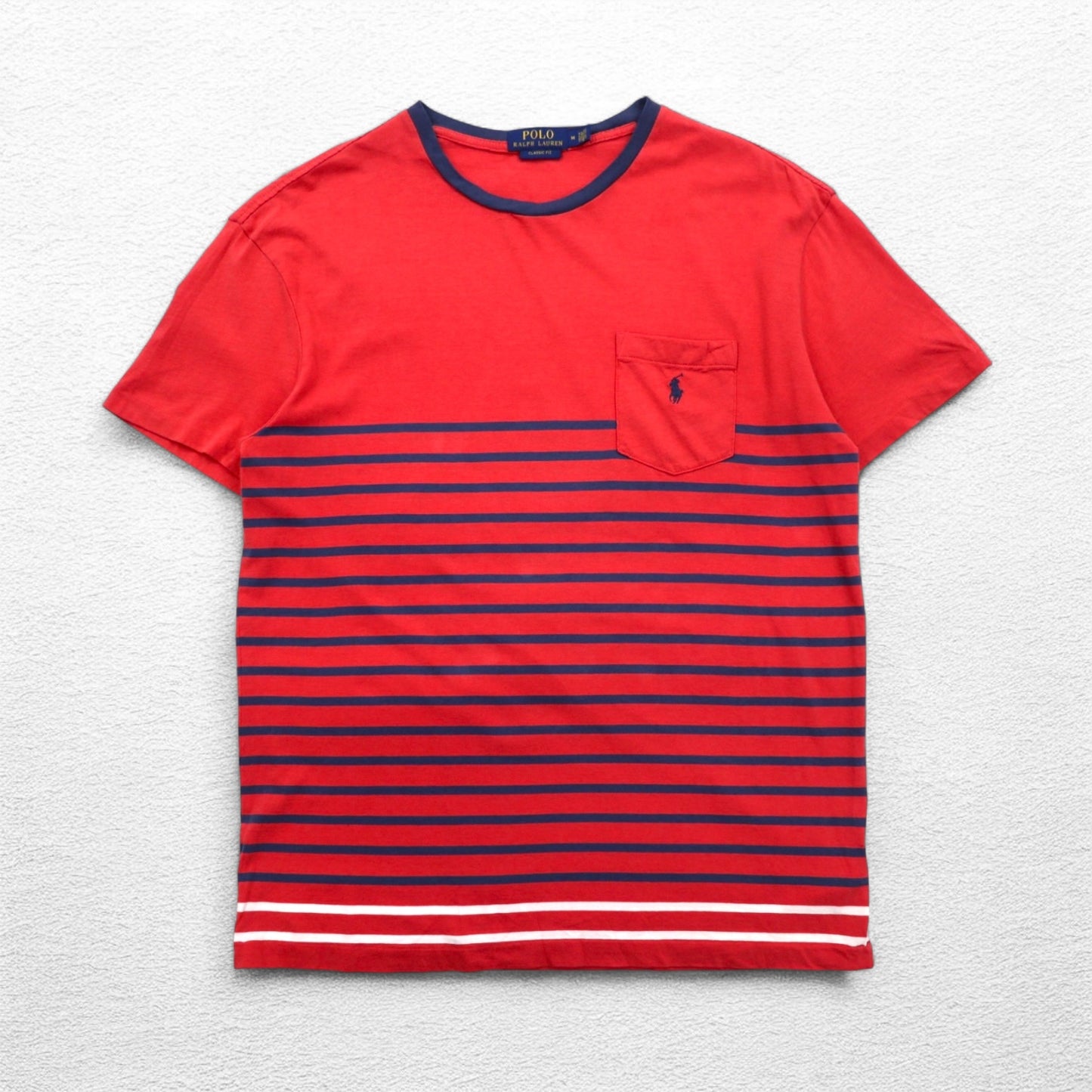 POLO RALPH LAUREN Classic Fit Pocket Striped T-Shirt M Pink Small Pony Embroidery