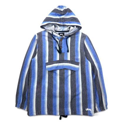 stussy シャネルロゴ メキシカンパーカー L ブルー ストライプ コットン バックロゴプリント