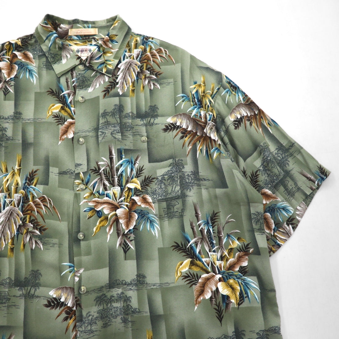 CAMPIA MODA Aloha Shirt, XL, Khaki, Rayon, All-Over Print, Botanical, Chest Pocket