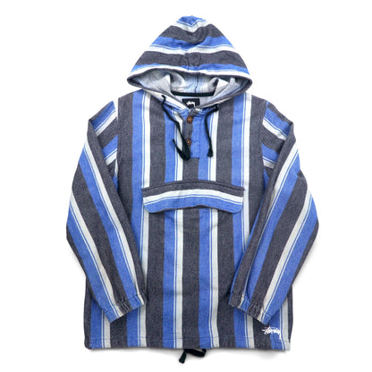 stussy シャネルロゴ メキシカンパーカー L ブルー ストライプ コットン バックロゴプリント