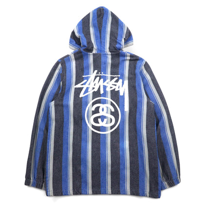 stussy シャネルロゴ メキシカンパーカー L ブルー ストライプ コットン バックロゴプリント