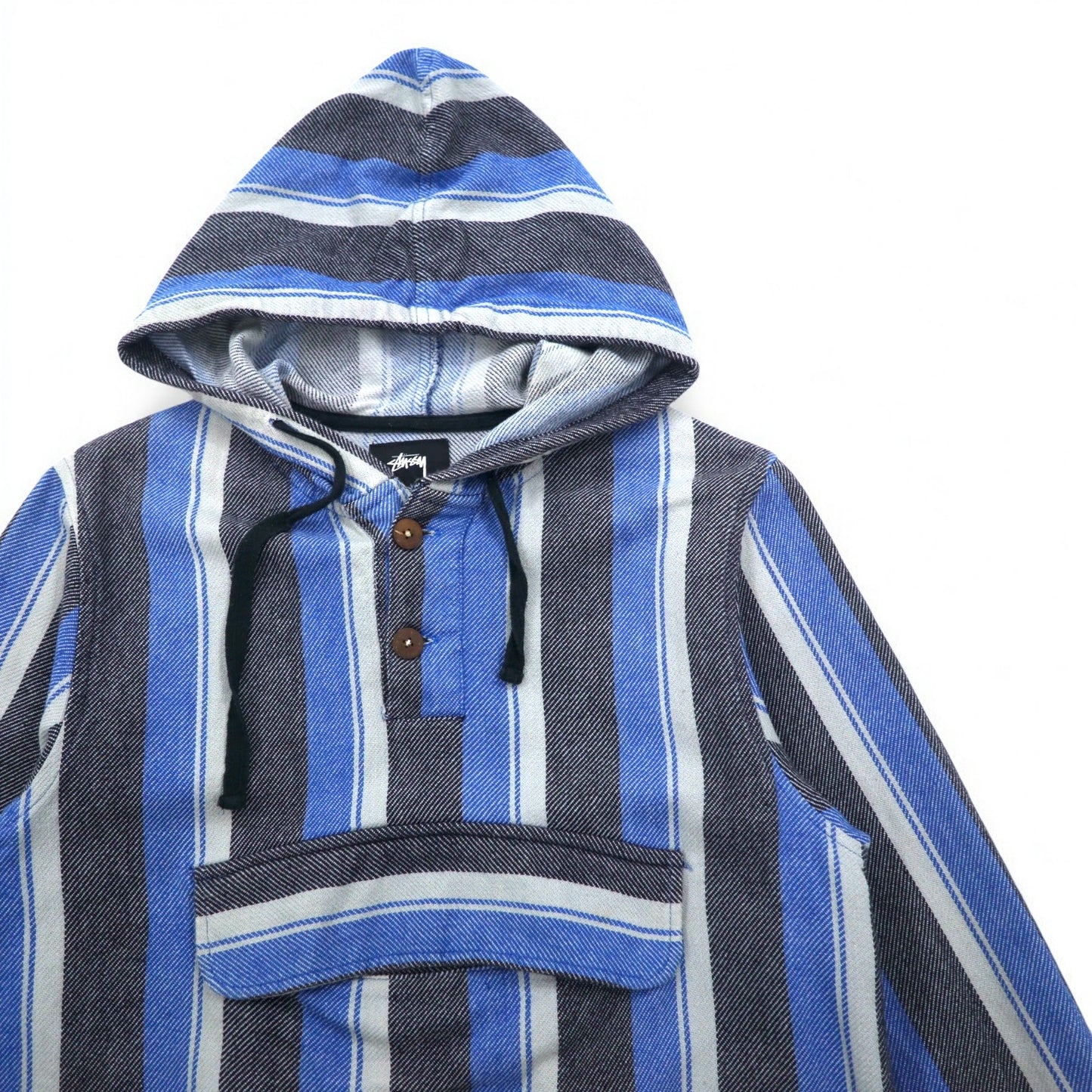 stussy シャネルロゴ メキシカンパーカー L ブルー ストライプ コットン バックロゴプリント