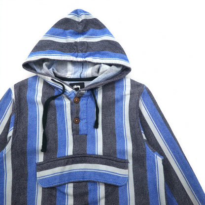 stussy シャネルロゴ メキシカンパーカー L ブルー ストライプ コットン バックロゴプリント