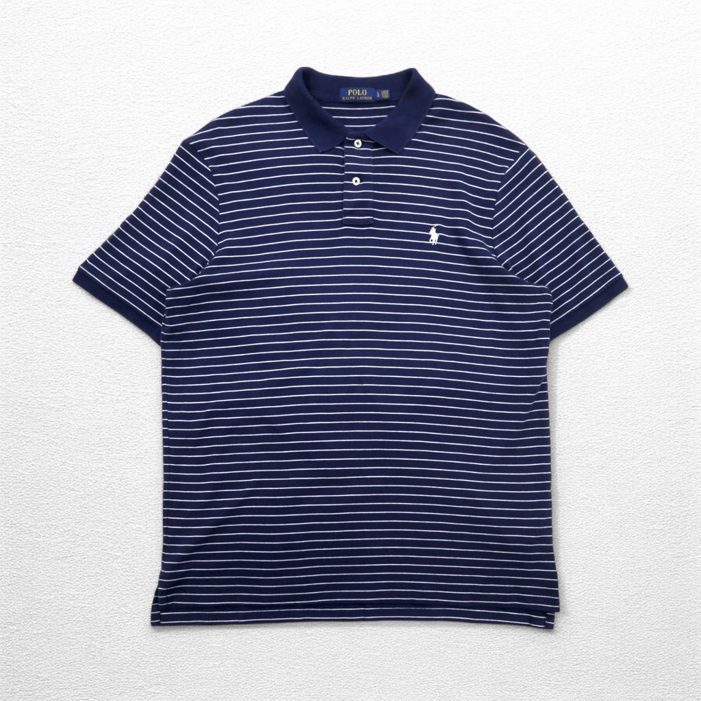 POLO RALPH LAUREN Striped Polo Shirt L Navy Cotton Small Pony Embroidery Made in Sri Lanka