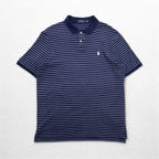 POLO RALPH LAUREN Striped Polo Shirt L Navy Cotton Small Pony Embroidery Made in Sri Lanka
