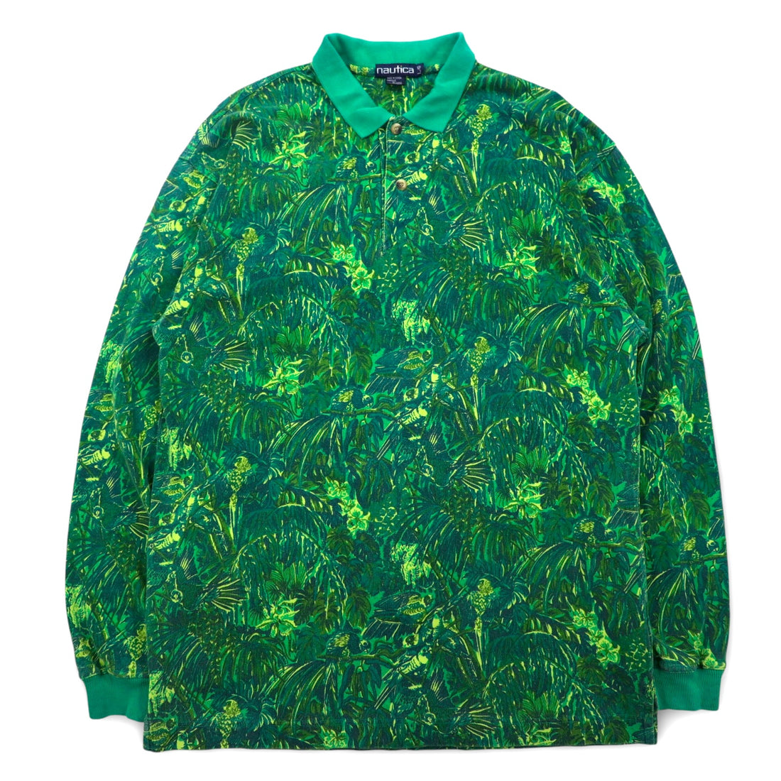 nautica 90s big size long sleeve polo shirt L green cotton all-over camouflage botanical