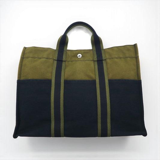 HERMES フールトゥ MM トートバッグ カーキ キャンバス バイカラー フランス製