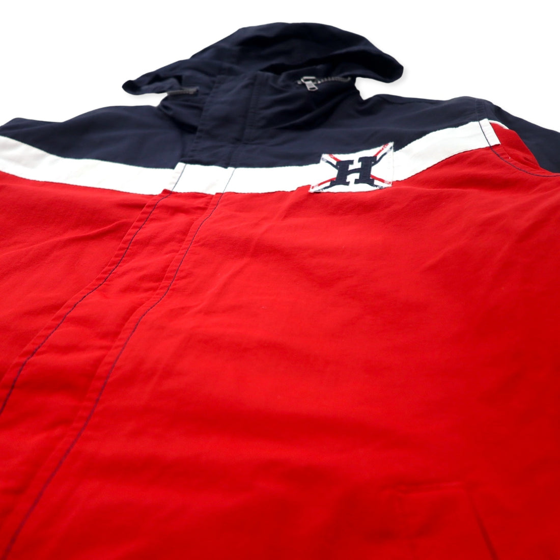 TOMMY HILFIGER Sailing Jacket L Navy Red Nylon Fleece Liner Hood Storage Type