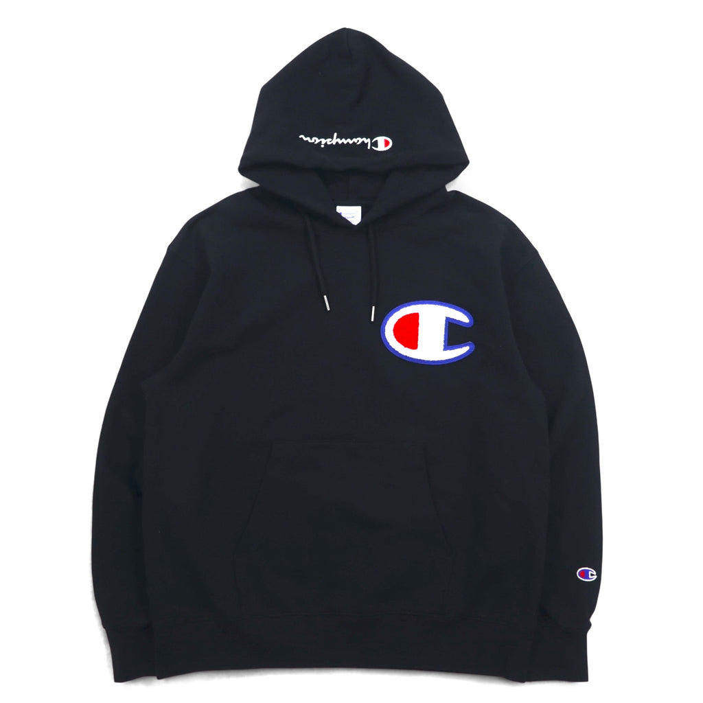 Champion Pullover Sweatshirt Hoodie M Black Cotton Big Logo C3-R101