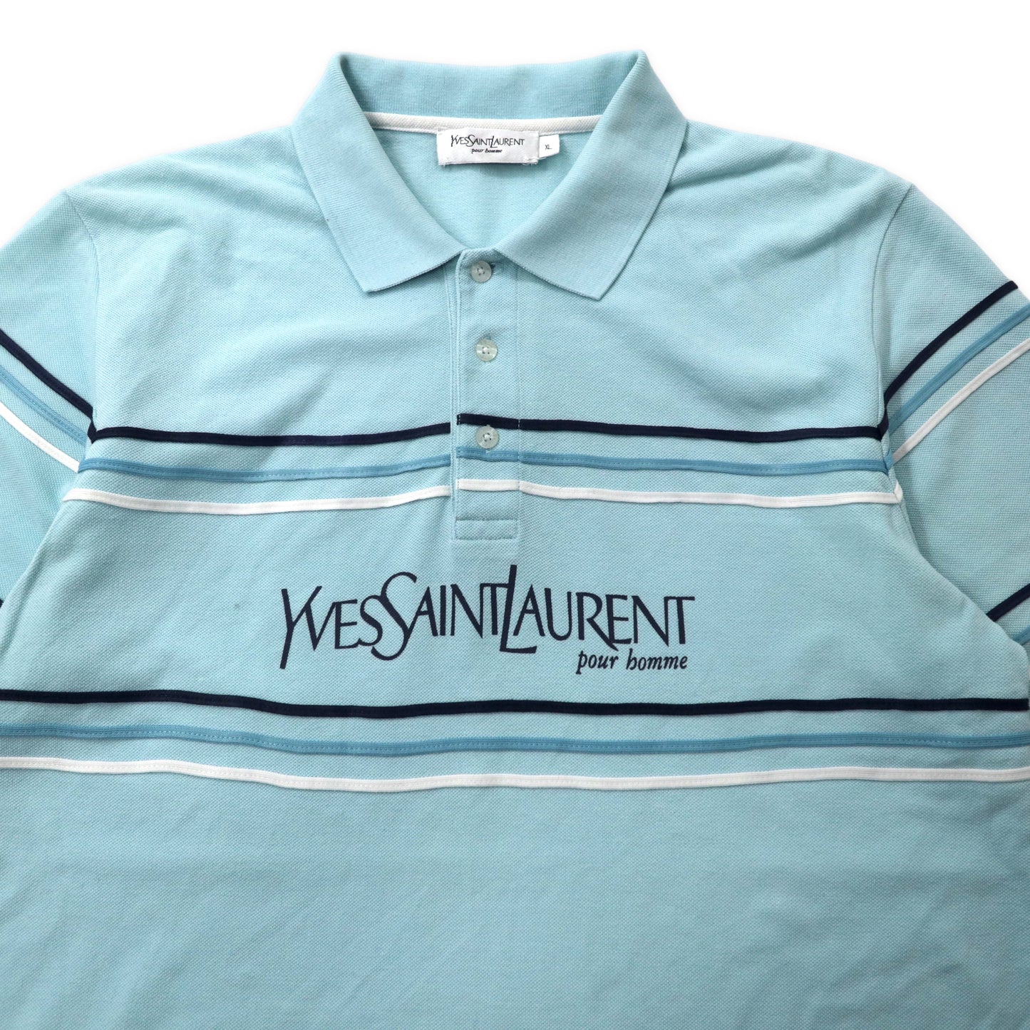 YVES SAINT LAURENT pour homme ロゴプリント ポロシャツ XL ブルー コットン オールド