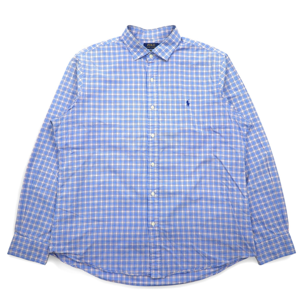 POLO RALPH LAUREN ビッグサイズ ワイドカラー ドレスシャツ XXL ブルー チェック コットン ストレッチ スモールポニー