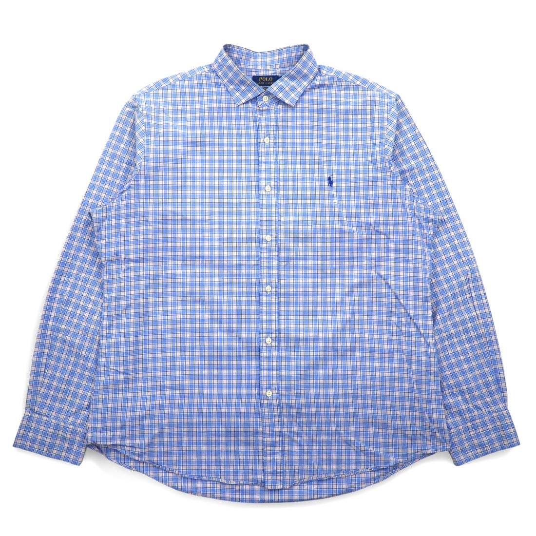 POLO RALPH LAUREN Big Size Wide Collar Dress Shirt XXL Blue Check Cotton Stretch Small Pony