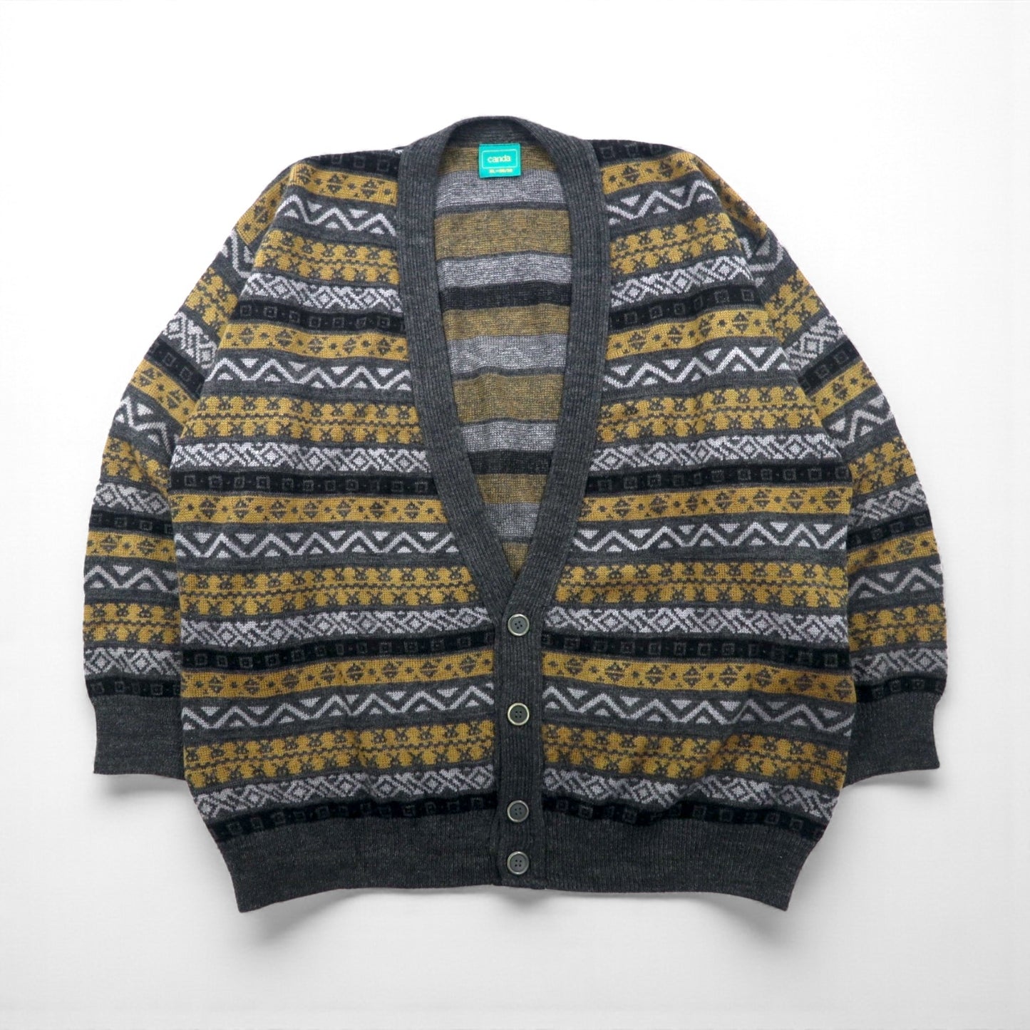 Vintage Jacquard Cardigan Canda ウール ニット カーディガン XL マルチカラー 総柄