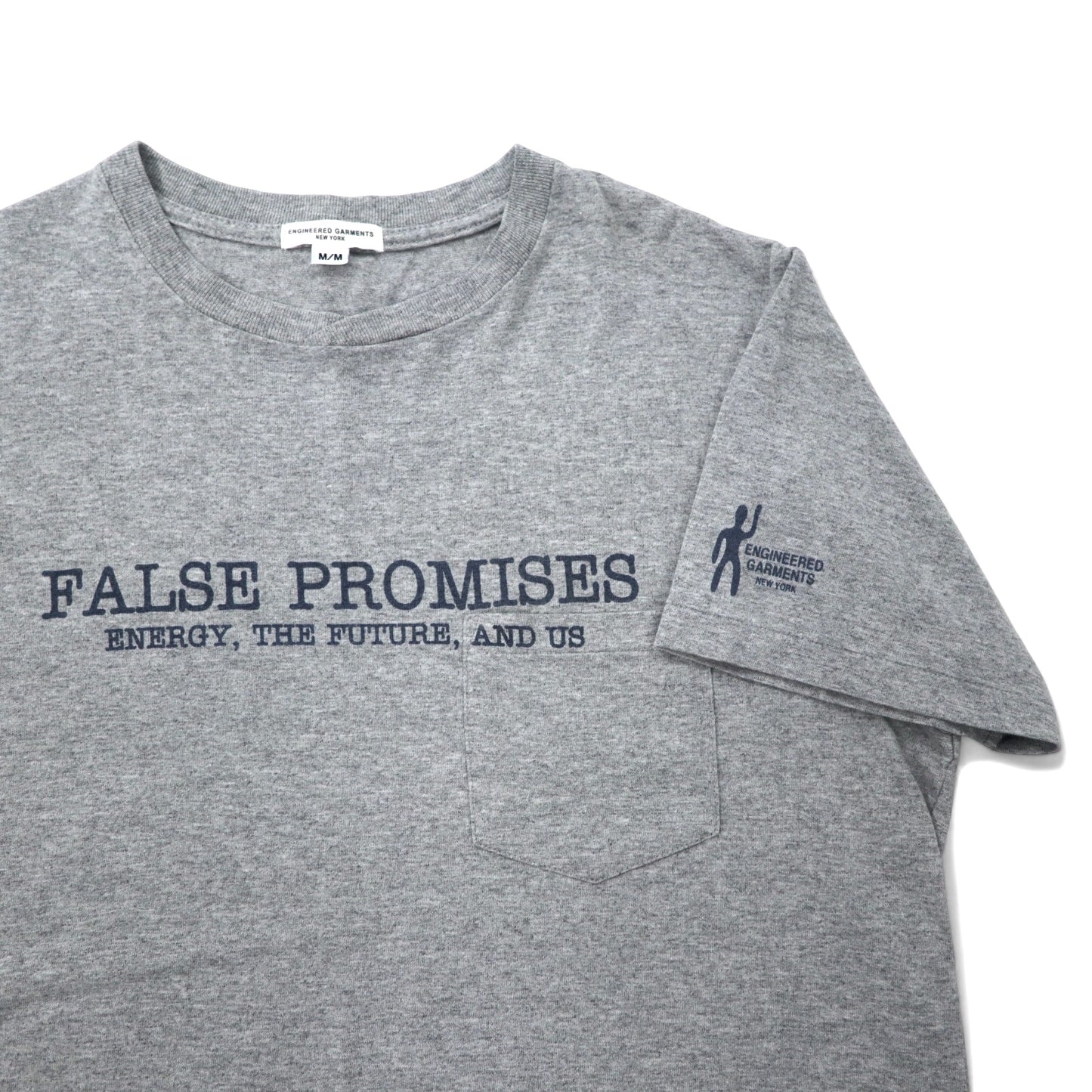 ENGINEERED GARMENTS カナダ製 プリント Tシャツ ポケT M グレー コットン FALSE PROMISES