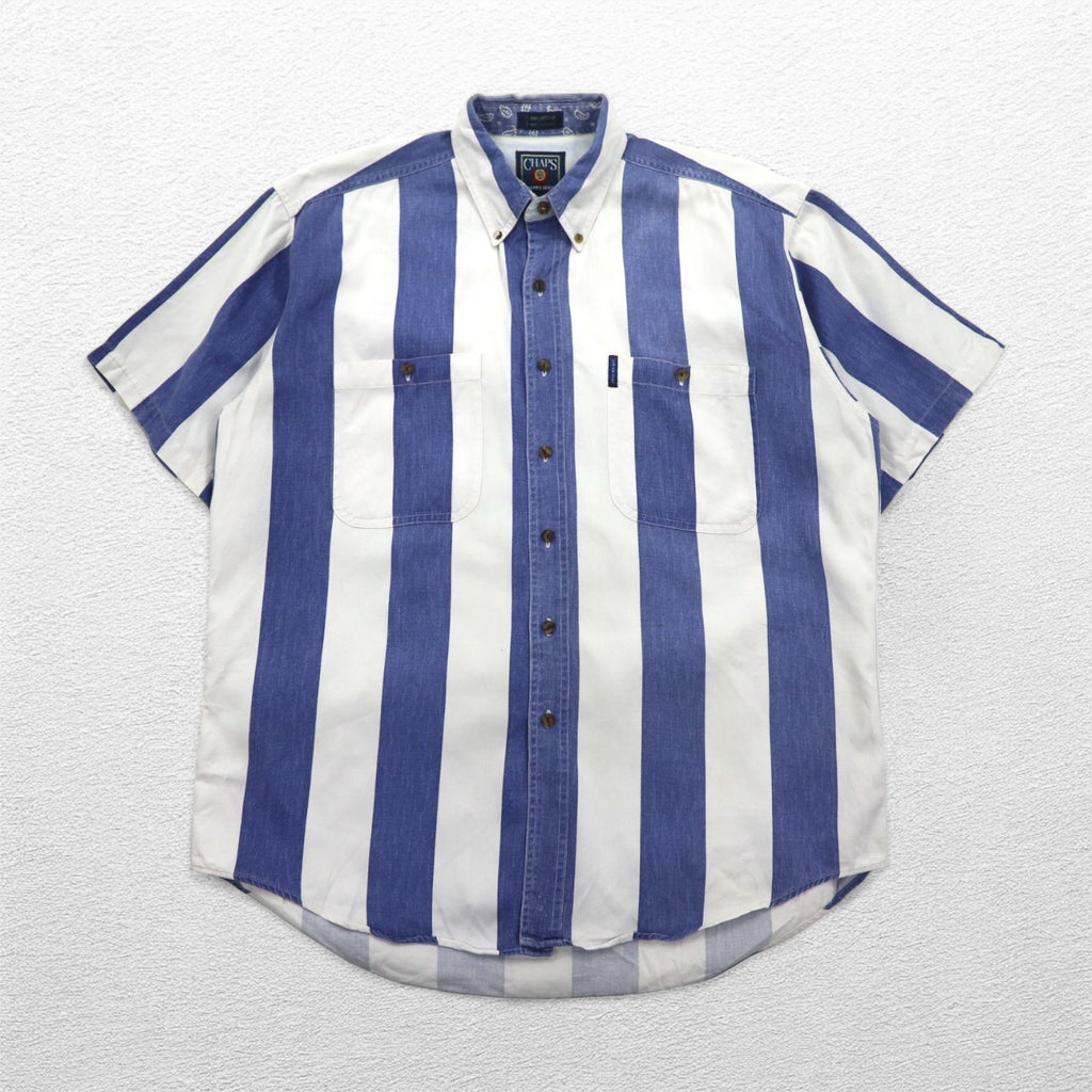 CHAPS RALPH LAUREN 90年代 半袖 デニム ボタンダウンシャツ L ブルー ホワイト ストライプ コットン