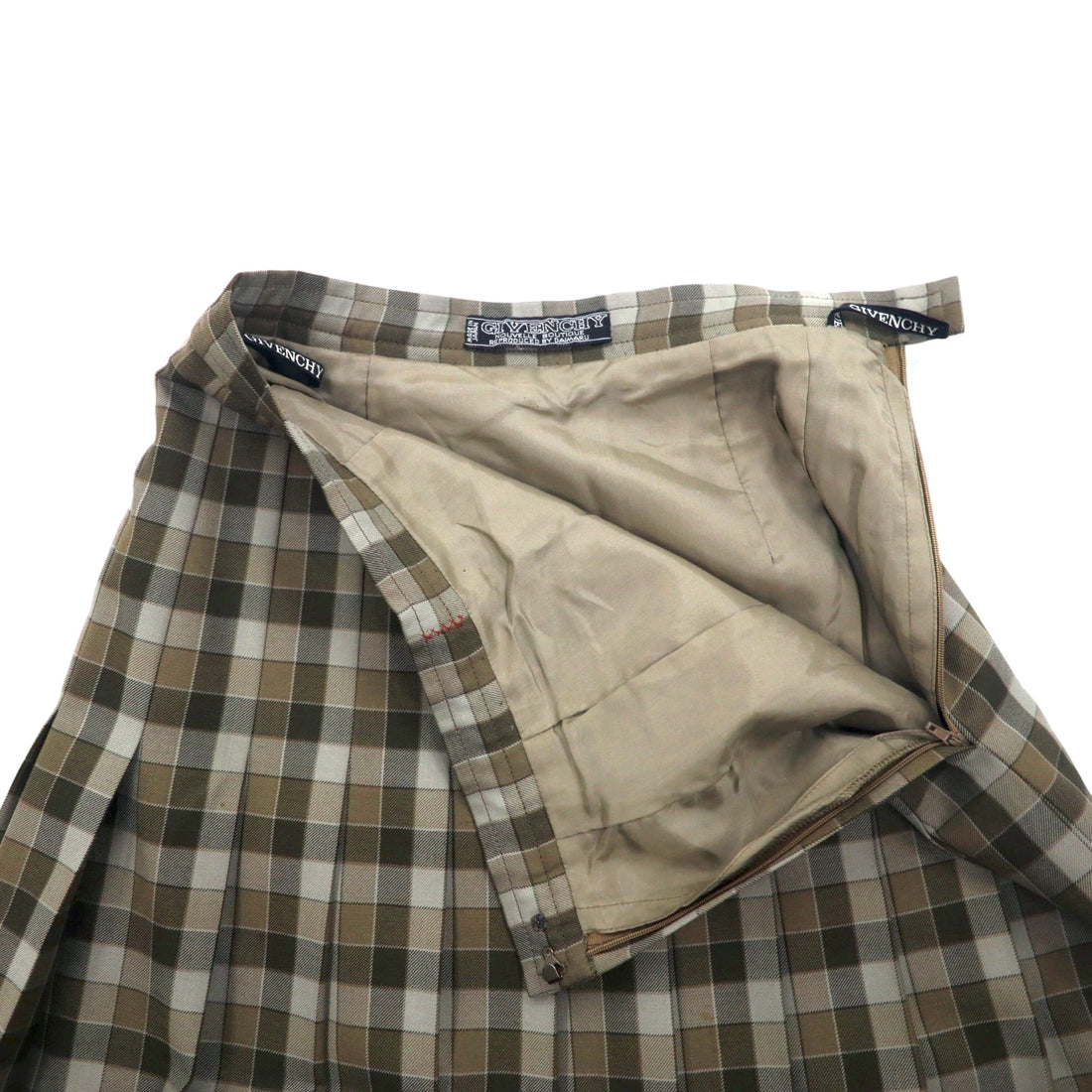GIVENCHY 80s Old Pleated Skirt M Brown Check Wool Made in Japan