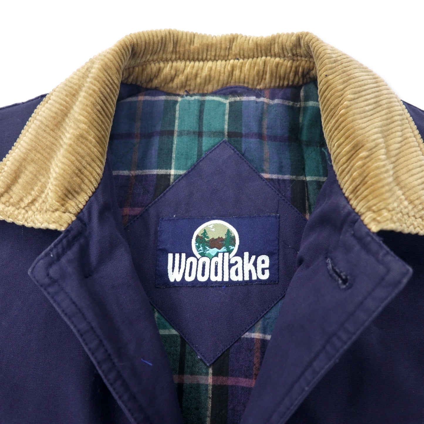 Woodlake 90年代 ダック ハンティングジャケット カバーオール XL ネイビー コットン 裏地チェック 襟コーデュロイ