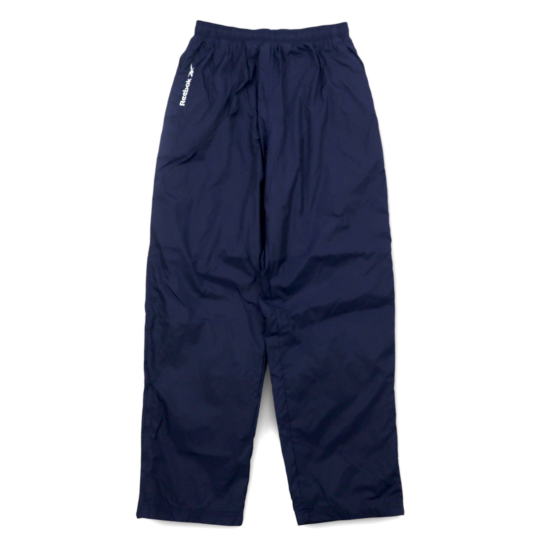 Reebok 90s nylon track pants, jersey, L, navy, vector logo embroidery, slit, zip hem