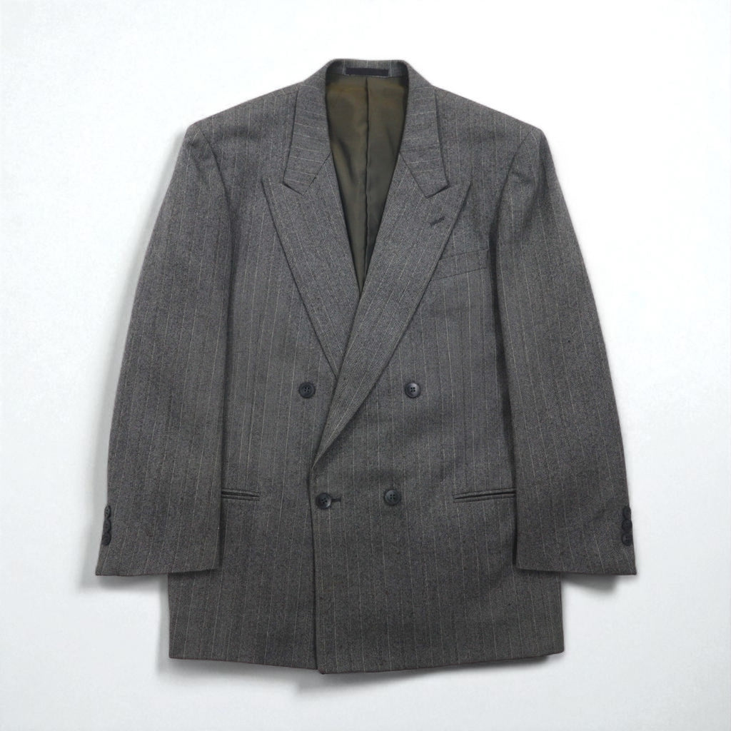 90s Japan Vintage Double-Breasted Blazer by Roberta di Camerino, Made in Japan, Herringbone Double-Breasted Tailored Jacket, Size M, Gray Wool