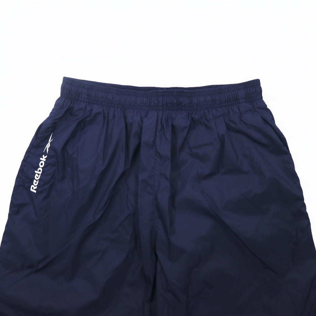 Reebok 90s nylon track pants, jersey, L, navy, vector logo embroidery, slit, zip hem