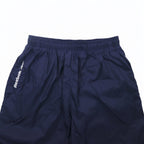Reebok 90s nylon track pants, jersey, L, navy, vector logo embroidery, slit, zip hem