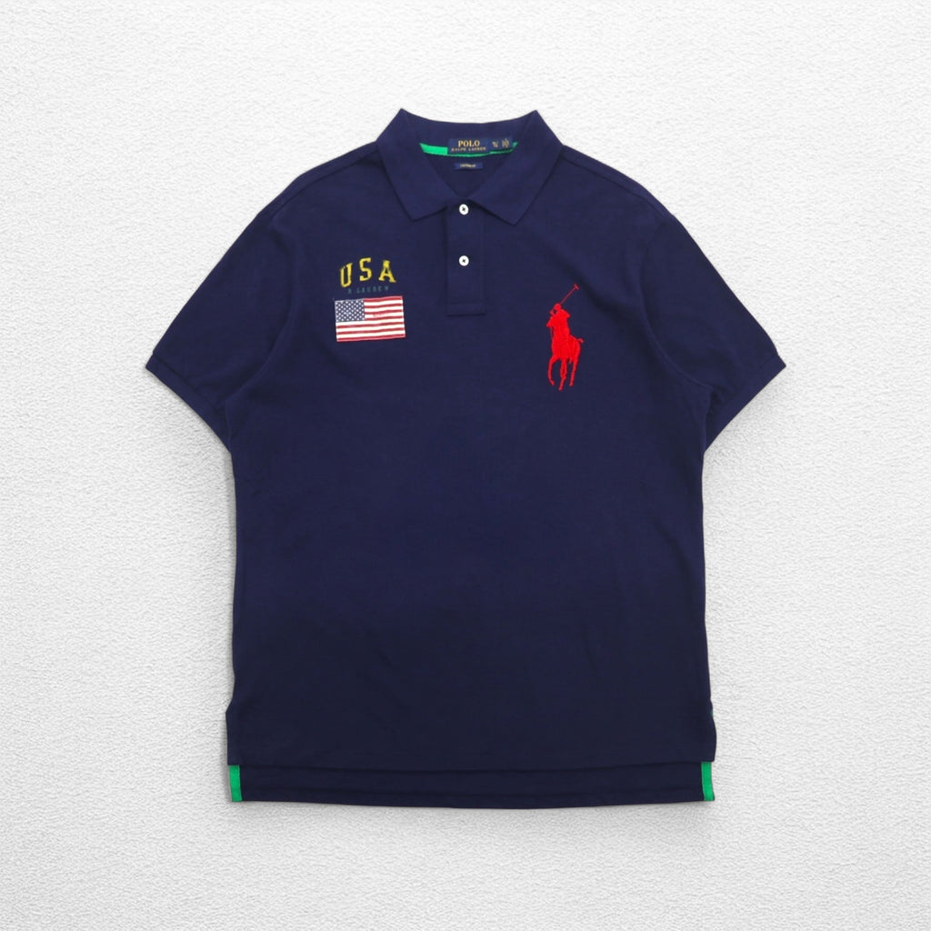 POLO RALPH LAUREN Pique Polo Shirt XL Navy Cotton Embroidered Big Pony USA Stars and Stripes