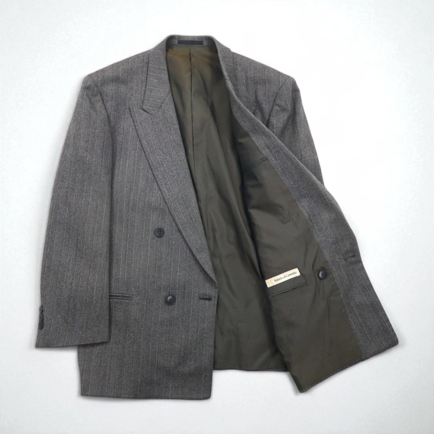 90s Japan Vintage Double-Breasted Blazer by Roberta di Camerino, Made in Japan, Herringbone Double-Breasted Tailored Jacket, Size M, Gray Wool