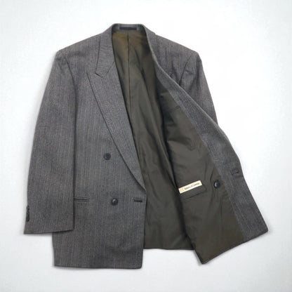 90s Japan Vintage Double-Breasted Blazer by Roberta di Camerino, Made in Japan, Herringbone Double-Breasted Tailored Jacket, Size M, Gray Wool