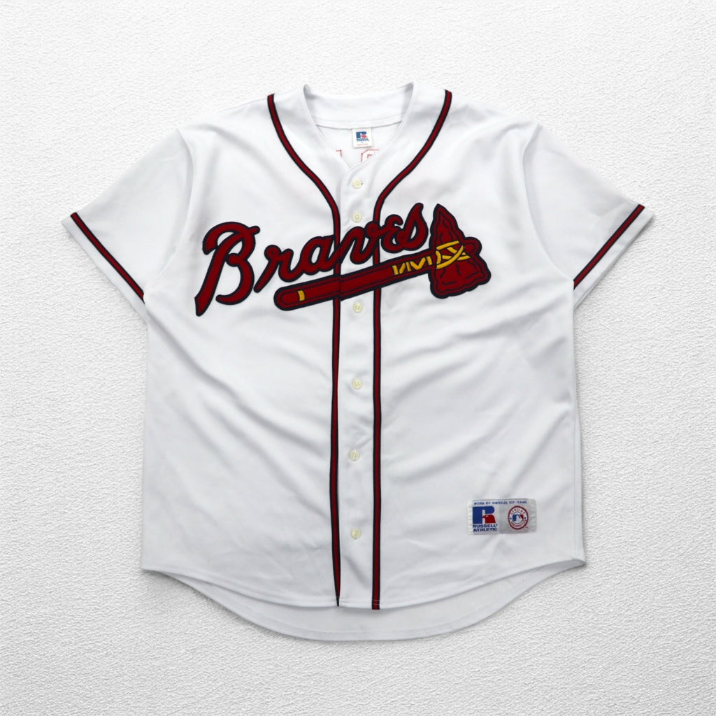 RUSSELL ATHLETICS 90s MLB Baseball Shirt L White Polyester Braves Numbering