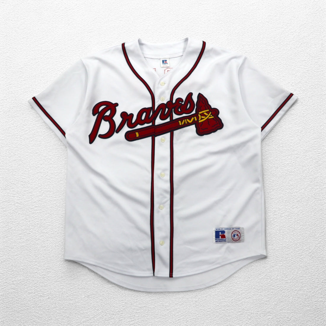 RUSSELL ATHLETICS 90s MLB Baseball Shirt L White Polyester Braves Numbering