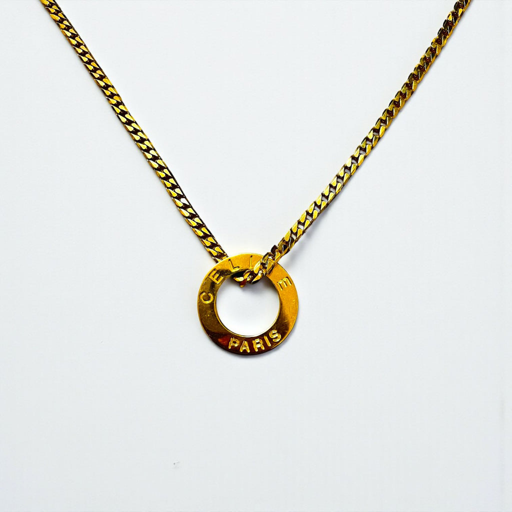 CELINE 90s Italian Vintage Curb Chain Necklace with Gold Circle Logo and Ring Plate, Made in 1992