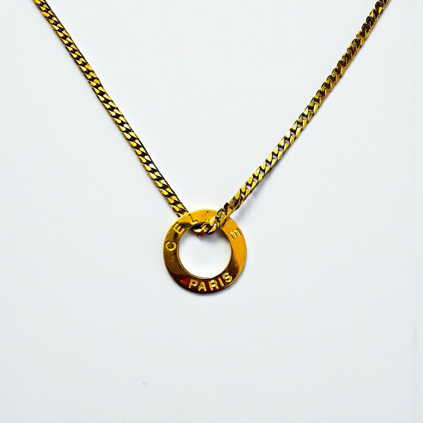 CELINE 90s Italian Vintage Curb Chain Necklace with Gold Circle Logo and Ring Plate, Made in 1992
