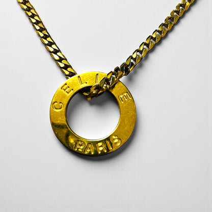 CELINE 90s Italian Vintage Curb Chain Necklace with Gold Circle Logo and Ring Plate, Made in 1992