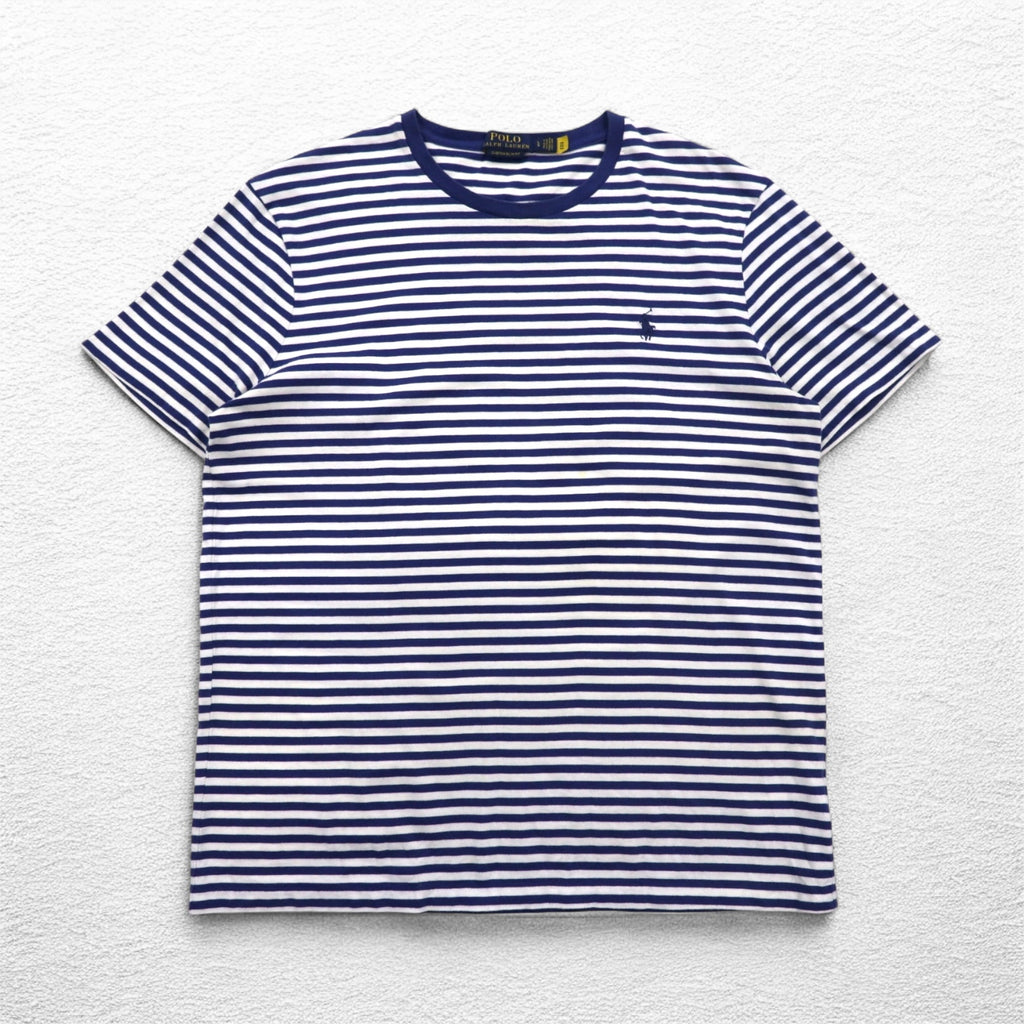 POLO RALPH LAUREN Striped T-shirt L Navy White Cotton Small Pony Embroidery