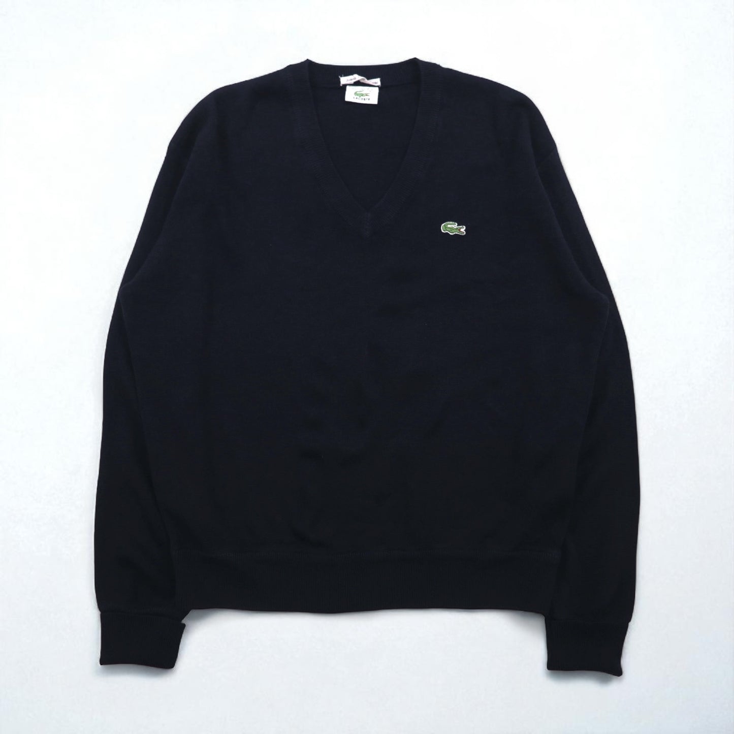 LACOSTE 80年代 スペイン製 Vネック アクリルニット セーター L ネイビー