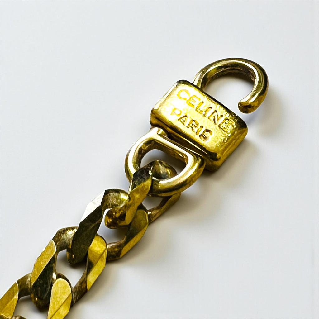 CELINE 90s Italian Vintage Curb Chain Necklace with Gold Circle Logo and Ring Plate, Made in 1992