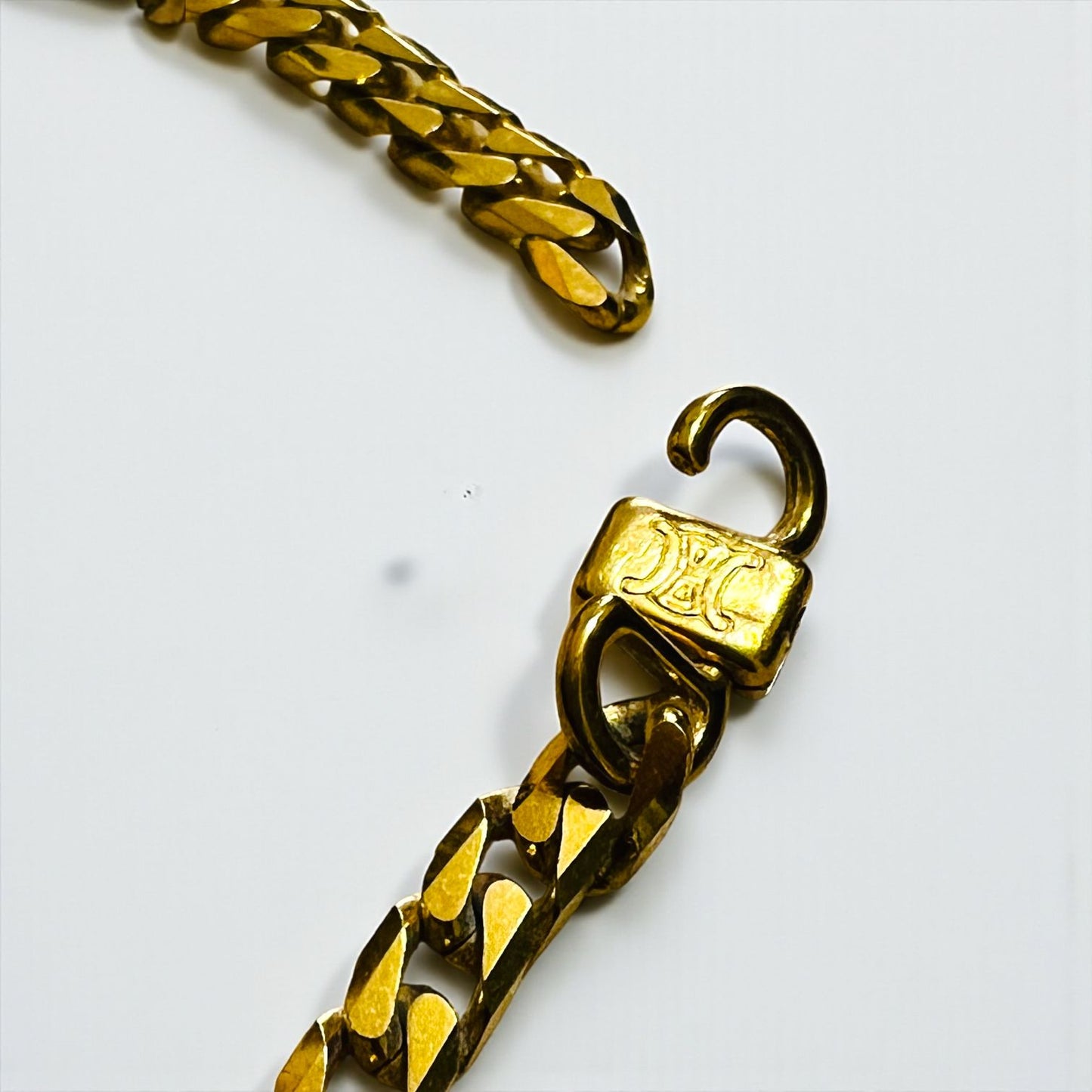 CELINE 90s Italian Vintage Curb Chain Necklace with Gold Circle Logo and Ring Plate, Made in 1992
