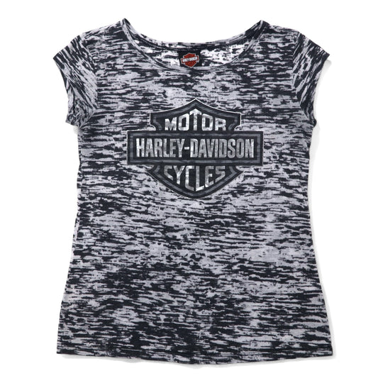 日本然リトテ-古着オンライン-HARLEY DAVIDSON ロゴプリント フレンチスリーブ Tシャツ L グレー コットン 総柄-HARLEY DAVIDSON Logo Print French Sleeve T-Shirt L Gray Cotton patterned