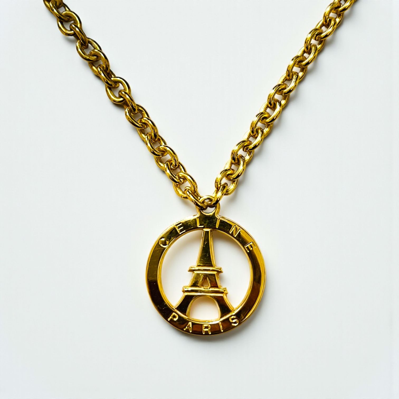 CELINE Made in Italy Vintage Eiffel Tower Necklace, Gold Chain, LD Engraved