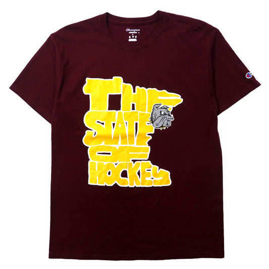 日本然リトテ-古着オンライン-Champion カレッジプリントTシャツ XL ボルドー コットン THE STATE OF HOCKEY ブルドッグ-