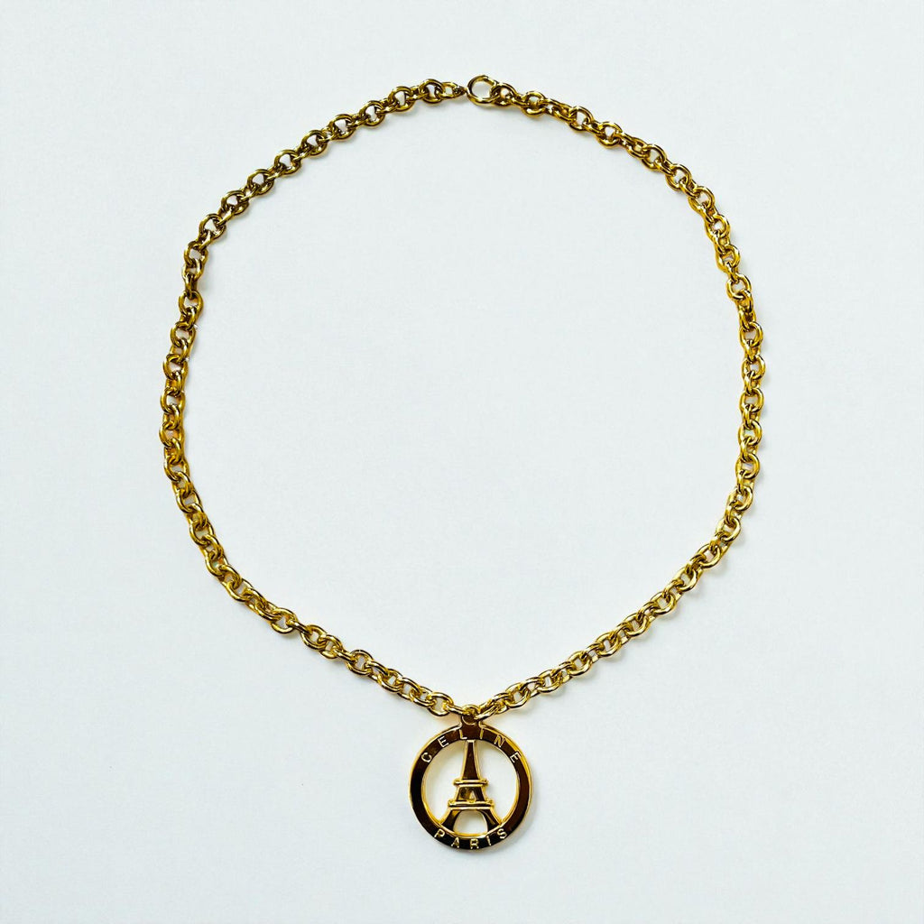 CELINE Made in Italy Vintage Eiffel Tower Necklace, Gold Chain, LD Engraved