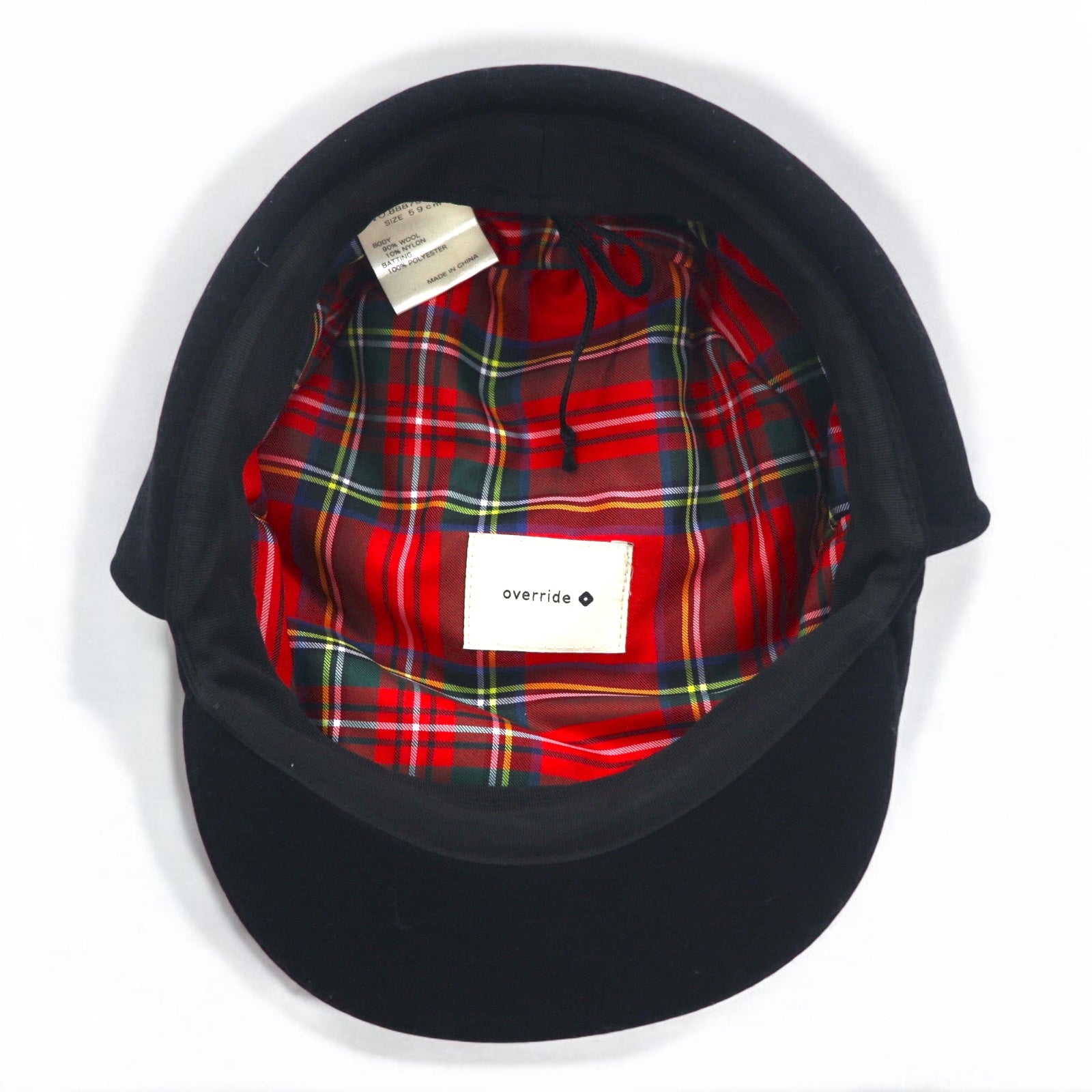 override dog-ear hunting cap 59cm black wool earmuffs ear flaps tartan check lining 888790650